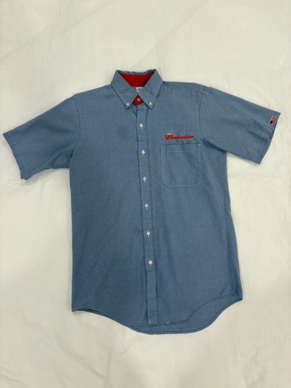 Budweiser Blue Short-Sleeve Button-Down with Red Accents